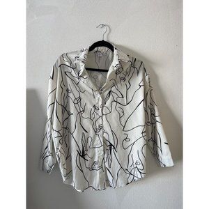 Halite Clothing White Button Up Blouse with Line Art Graphic Size Medium
